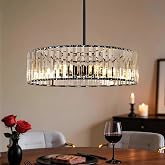 Modern Crystal Chandelier, 6-light Dinning Room Light Fixture, Round Pendant Light Kitchen Island, Black Hallway Light Fixture, Semi Flush Mount Ceiling for Living Room Entryway Bedroom Foyer, E26