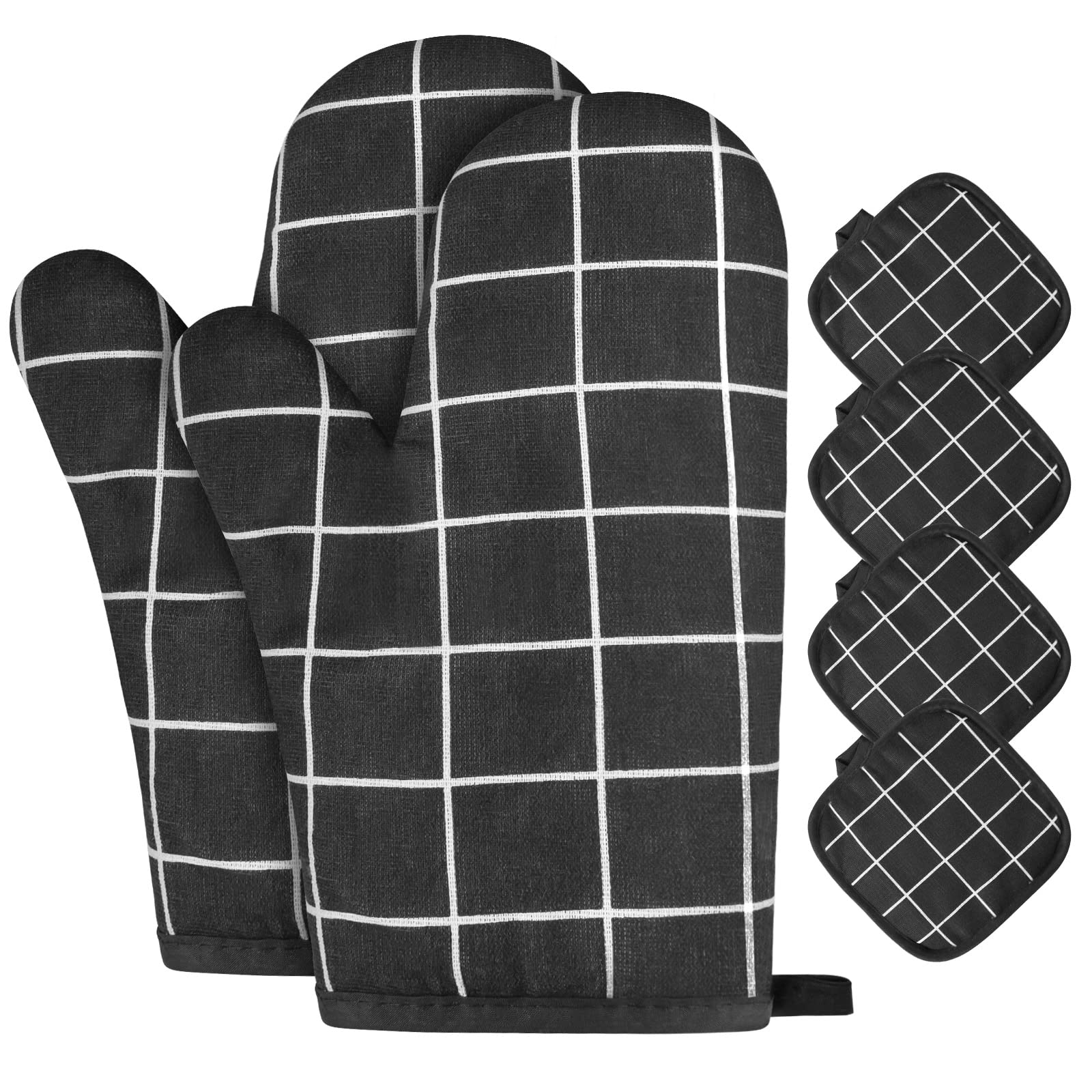 AUAUY Oven Mitts and Potholders BBQ Gloves-Oven Mitts and Pot Holders with Recycled Infill Cotton Non-Slip Cooking Gloves for Cooking Baking Grilling (6-Piece Set,Black)