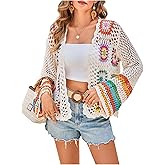 GORGLITTER Women's Floral Crochet Hollow Out Kimono Cardigan Colorful Vintage Western Top Trendy 2025