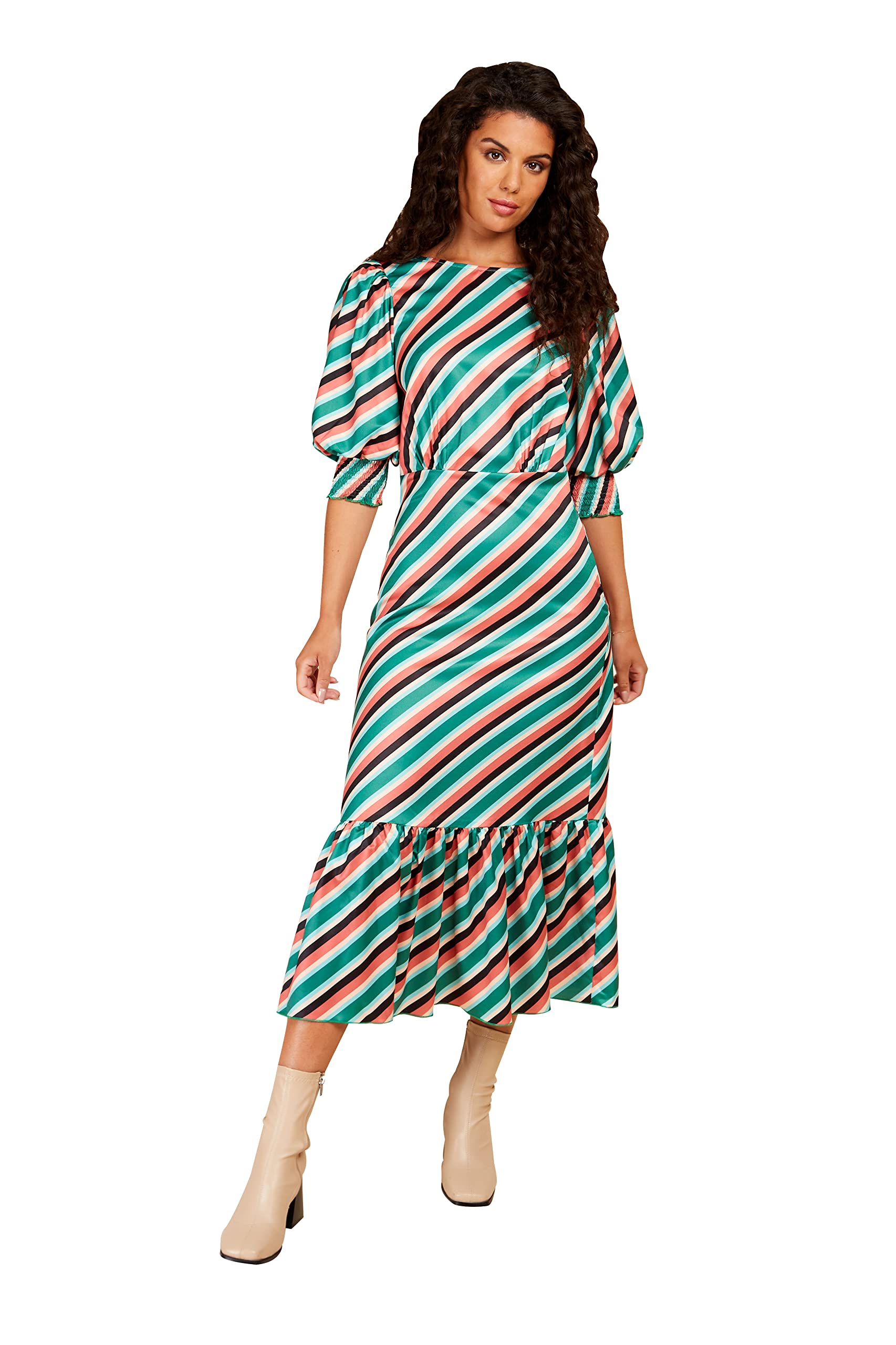Little Mistress Stripe Satin Pephem Midi Dress,14 Multi