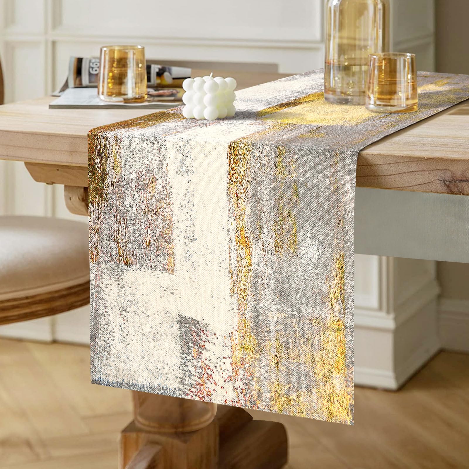 Dining Table Runner Retro Oil Painting Pattern Tablecloth Yellow and Grey Linen Table Decorative Cloth for Party Wedding Banquet Table Decoration Party Table Runner 40 cm x 140 cm — image 1