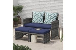 OC Orange-Casual Patio Furniture Set,3 Pieces Outdoor Wicker Conversation Loveseat with Ottomans for Porch, Gray Rattan Navy Blue Cushions