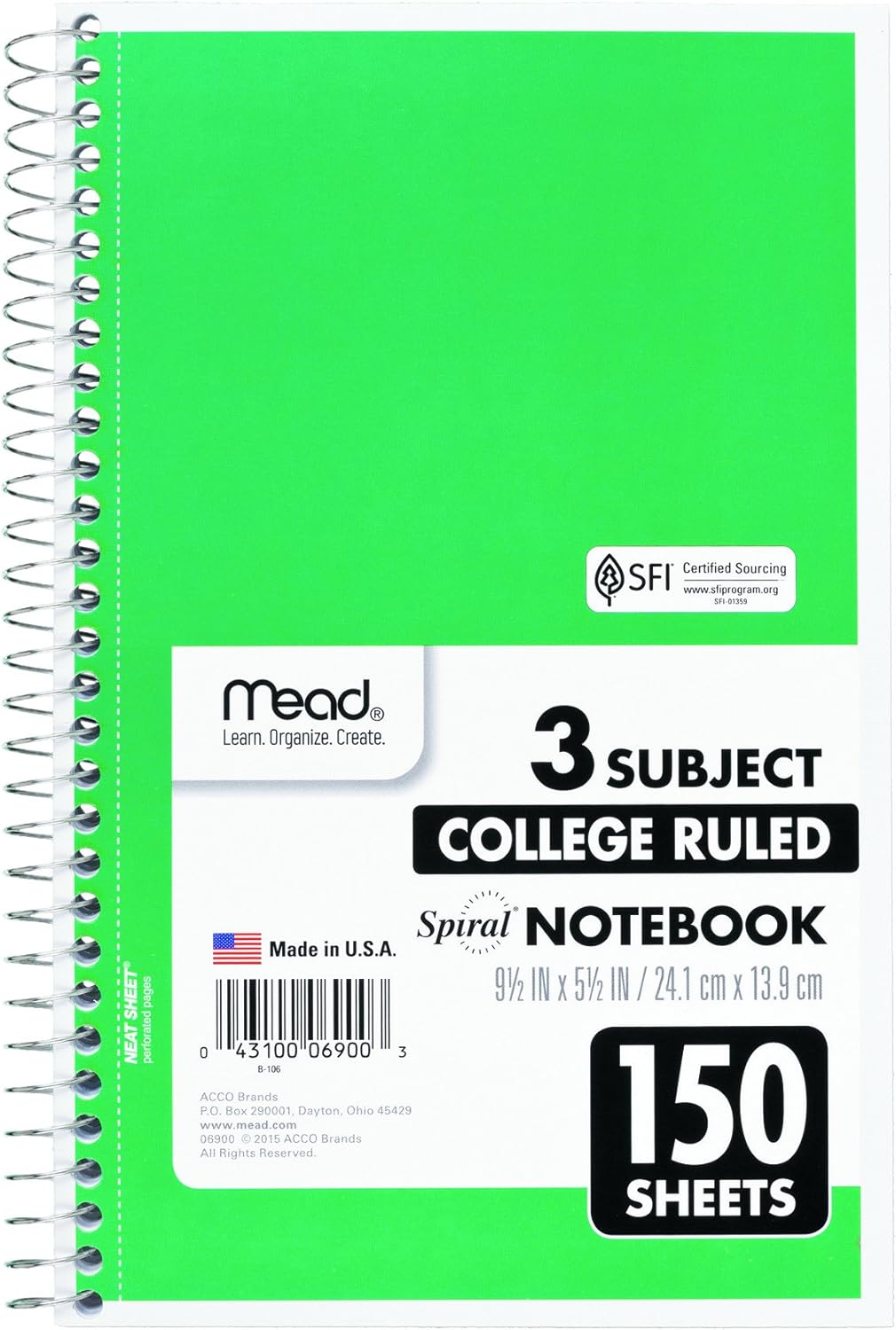 Mead Spiral Notebook, 3 Subject, College Ruled Paper, 150 Sheets, 9-1/2" x 5-1/2", Color Selected For You (06900) : Office Products