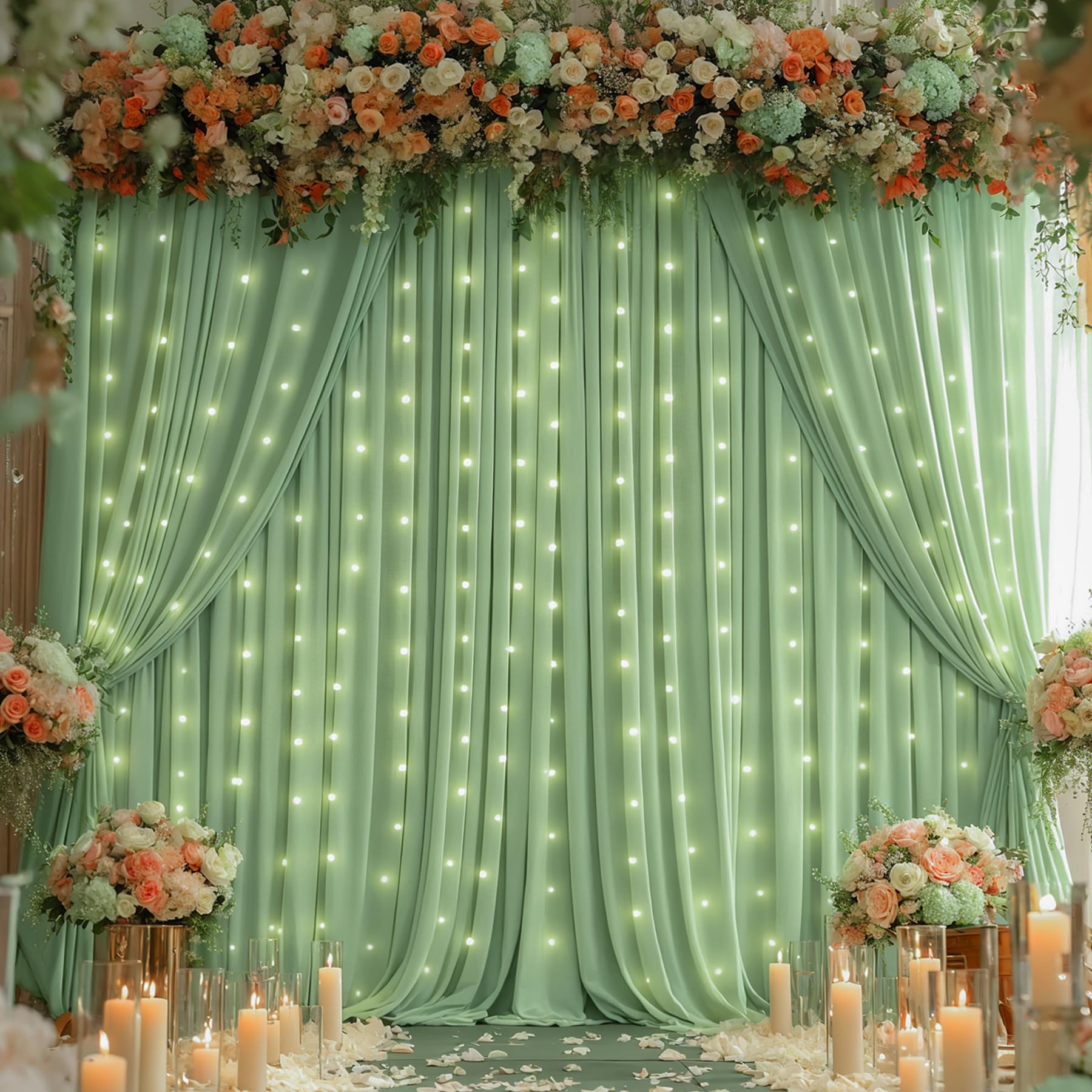 Photo 1 of Sage Green Backdrop Curtains with Lights,10x10FT Wrinkle Free Dark Green Photo Curtains Backdrop Drapes Fabric for Baby Shower Birthday Ceremony Reception Home Party Decorations-5ft x 10ft,2 Panels