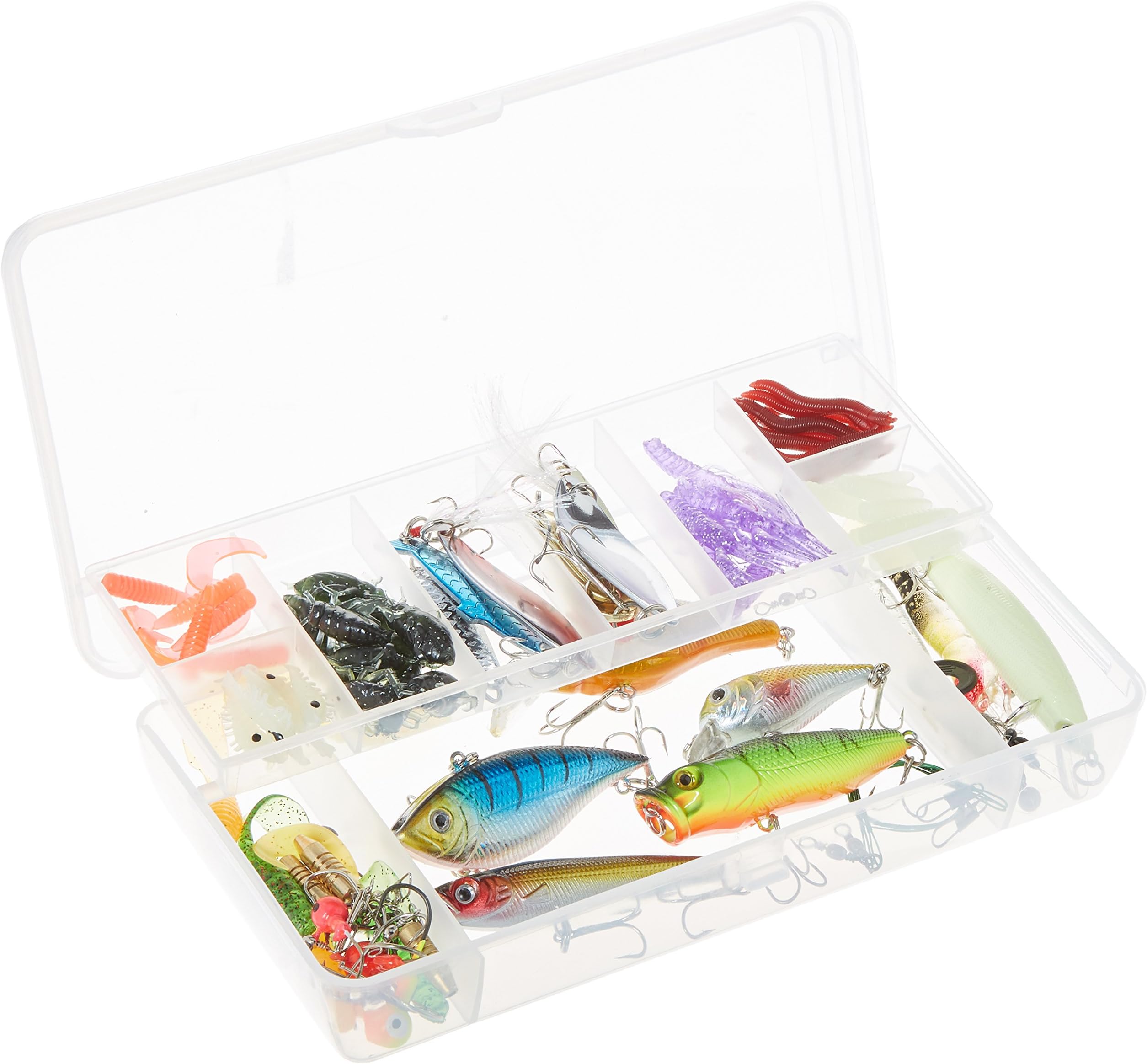 Saimanqiu 101-Pcs Fishing Lures Kit Set for Bass,Trout,Salmon,Including Spoon Lures,Soft Plastic Worms, CrankBait,Jigs,Topwater Lures (with Free Tackle Box)