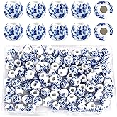 Framendino, 100 Pack Blue Flower Printed Spacer Ceramic Beads 8 mm Round Porcelain for Jewelry Making Supplies DIY Crafts Bracelets Necklace