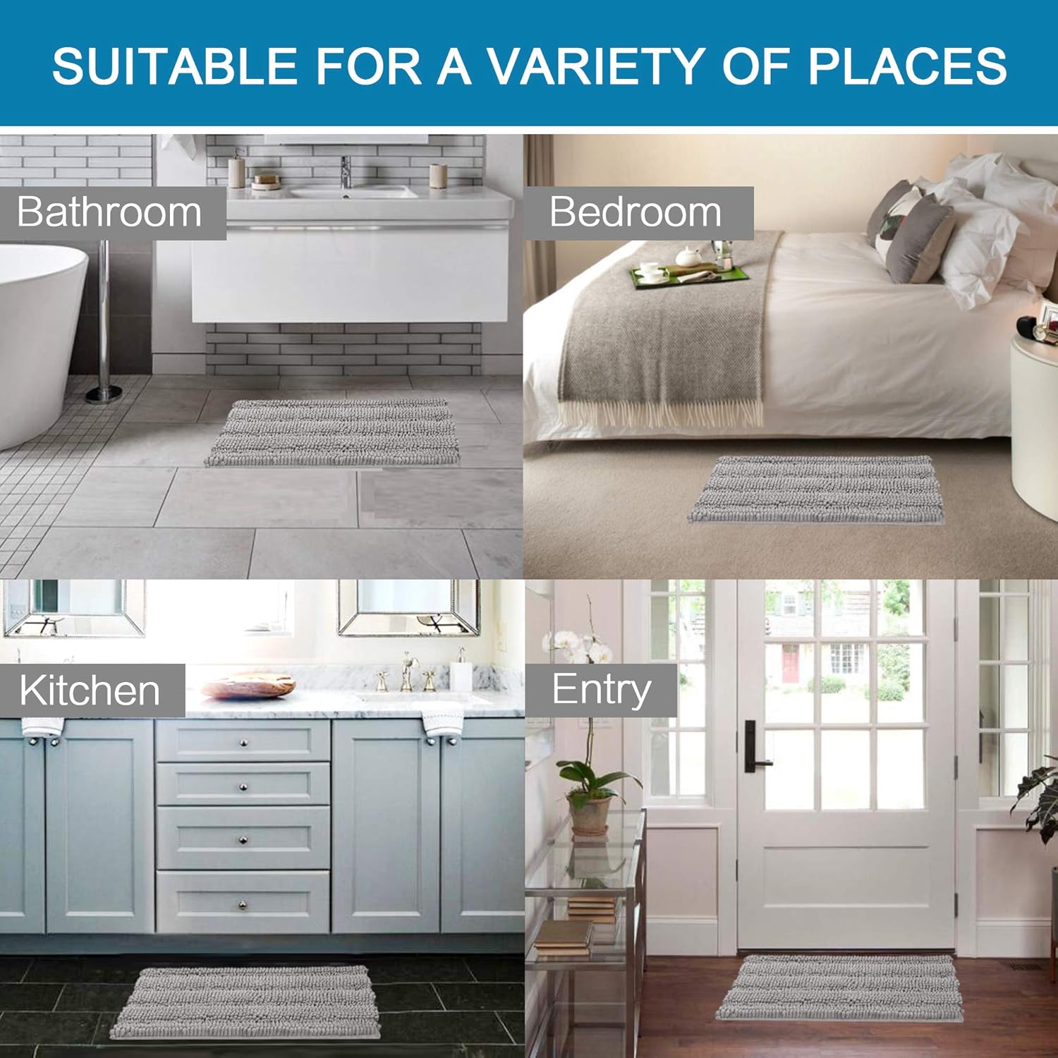 Non Slip Thick Shaggy Chenille Bathroom Rugs Soft Bath Mats for Bathroom Extra Absorbent Floor Mats Bath Rugs Set for Kitchen/Living Room (Set of 2, 20" x 32"/17" x 24", Dove): Home & Kitchen