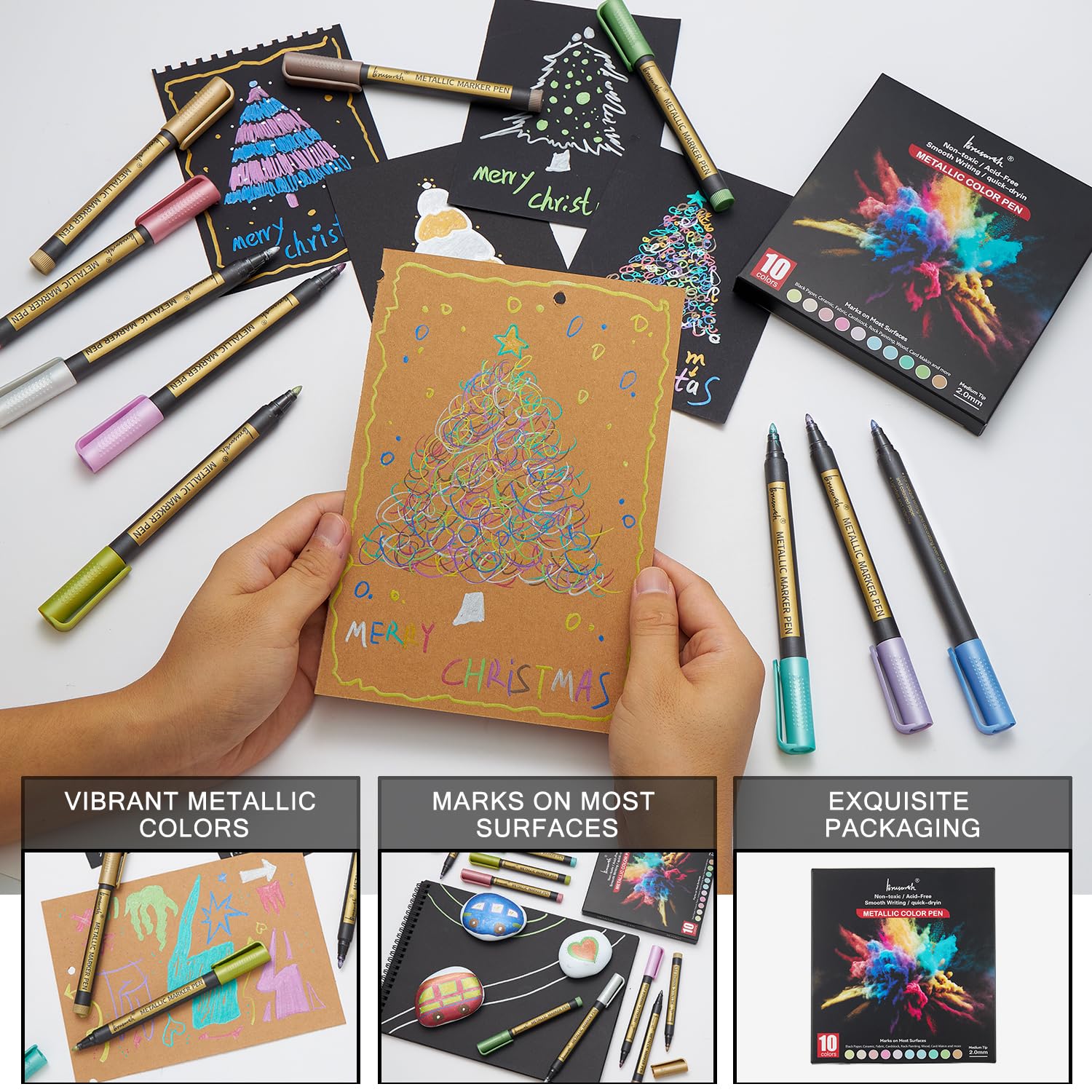 Metallic Marker Pens, 10 Colors Fine Tip Acrylic Paint Pens for Black Paper, Scrapbooking, Photo Album, Rock Painting, Paint Marker for DIY Arts & Crafts, Glass, Wood, Card Making, Scrapbook Supplies