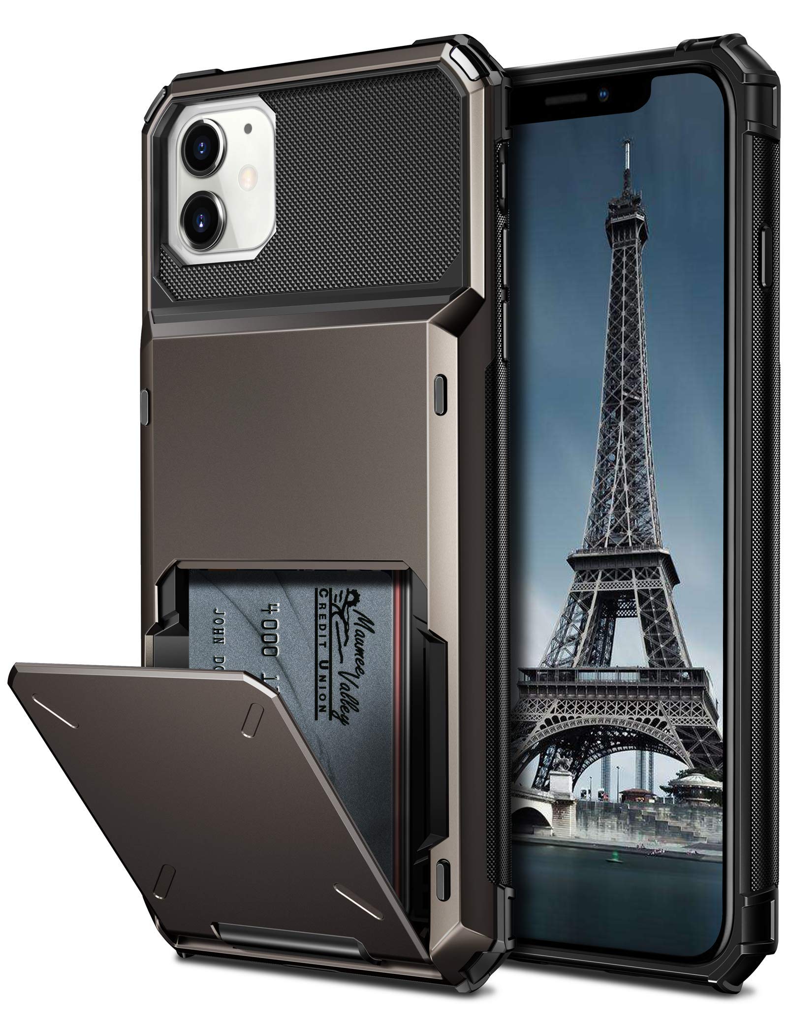 Coolden for iPhone 12 Case iPhone 12 Pro Case with Card Holder Wallet Cover Shockproof 4 Card Pocket Protective Flip Card Holder Phone Cases Cover for iPhone 12/12 Pro (Gun Color) — image 1