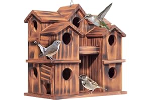 MIXUMON Wooden Bird Houses for Outside – 10 Rooms Multi-Chamber Bird House, Carbonized Pine Rustic Finish, 1.57" Entrance Holes, Individual Cleaning Doors, Decorative Outdoor Bird Nesting Box