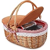 DoubleFill Wicker Insulated Picnic Basket with Lid Wicker Picnic Basket with Folding Handles and Insulated Cooler Bag for Camping Outdoor Easter Valentine Birthday Gift(Red Plaid)