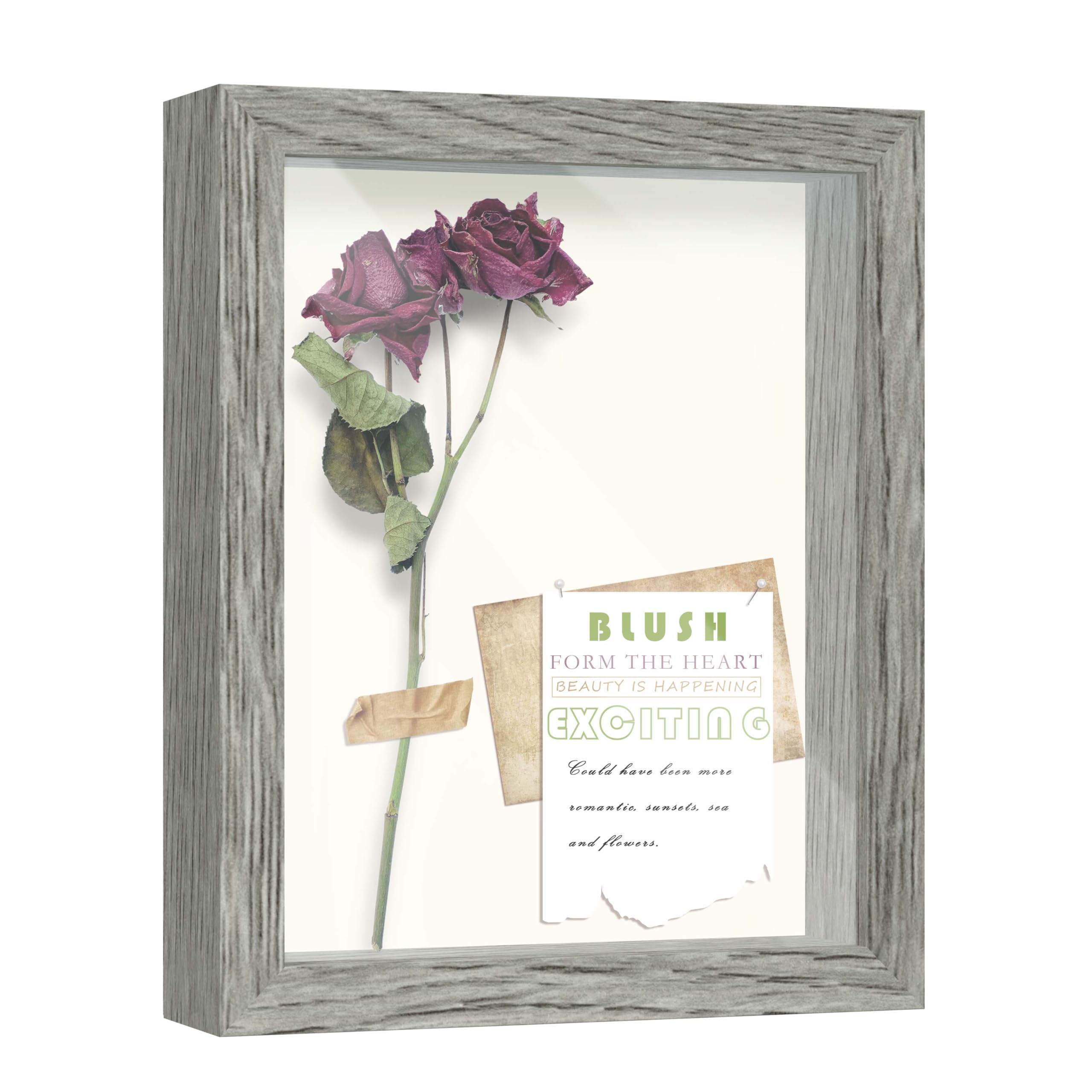 Photo 1 of FrameWorks 8x10 Driftwood Wooden Shadow Box Frame – Soft Felt Back, Tempered Glass, and Included Elegant White Ball Push Pins