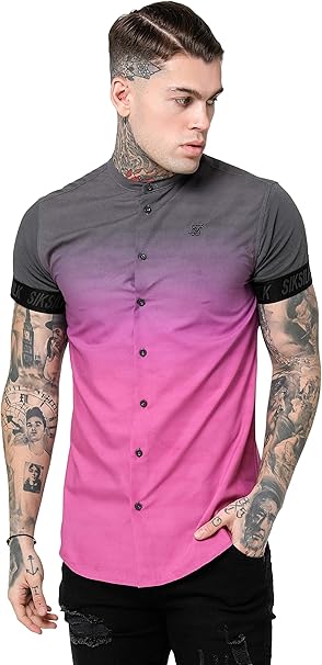 Camisa Siksilk Fade out Grandad Collar Gris y Rosa: Amazon.es: Ropa y accesorios