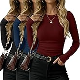 Oakgarden 3 Pack Women's Ribbed Long Sleeve Shirts Cotton Crew Neck Ribbed Tops Ruched Slim Fit Undershirts Casual Basic Tee