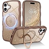 BENTOBEN Magnetic for iPhone 16 Plus Case with Invisible Kickstand Ring [Compatible with Magsafe] Clear Glitter Curly Wavy Non-Slip Shockproof Women Men Phone Cover for iPhone 16 Plus, Desert Titanium