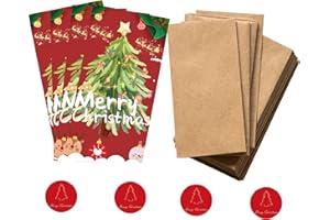 PINKEESEA Christmas Cards with Kraft Envelopes -10 Christmas Cards with 10 Kraft Envelopes 10 Festive Stickers (Red Card-GreenTree)
