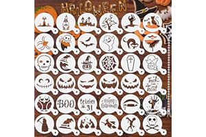 JULBEAR 36 Pieces Reusable Halloween Cake Cookie Stencils Templates Mold Tools for Cookies DIY Holiday Baking Painting Dessert Craft Coffee Decoration
