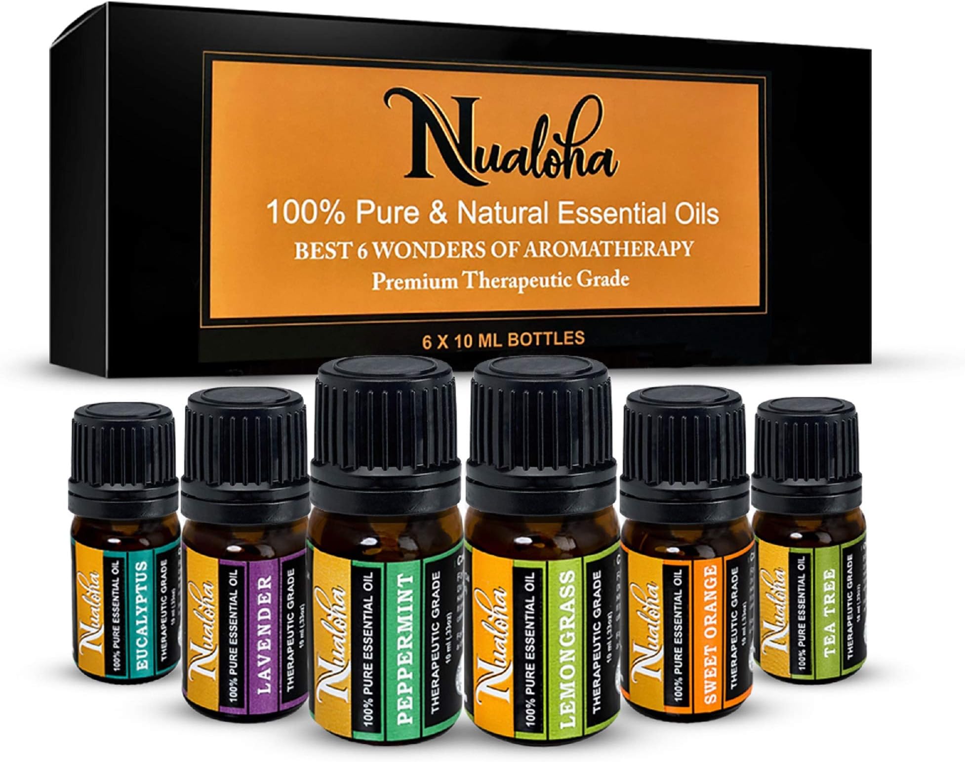 Nualoha Top 6 Aromatherapy Essential Oils Gift Set-100% Pure Natural Bulgarian Lavender, Sweet Orange, TeaTree, Eucalyptus,Lemongrass, Peppermint (6x10ML) With 7 Chakra Lava Stone Diffuser Bracelet