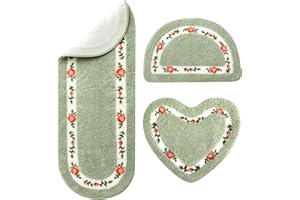 Drydiet 3 Pcs Rose Flowers Coquette Bathroom Rugs Set Rose Flower Area Rugs Non Slip Absorbent Washable Door Mat Floral Bathroom Carpet Coquette Decoration for Home Hotel, 3 Shapes (Green)