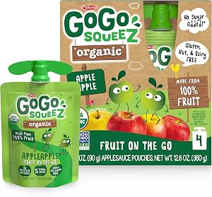 GoGo squeeZ No Sugar Added Organic Applesauce and Fruit Puree, Apple Apple, 3.2 oz Pouches (Pack of 4), Fruit Snacks for Kids