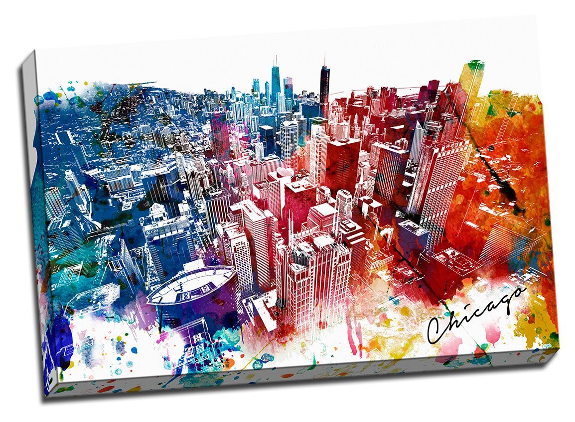 Colorful Downtown Chicago Urban Painting Canvas Wall Art Stretched Onto 24x36" Frame