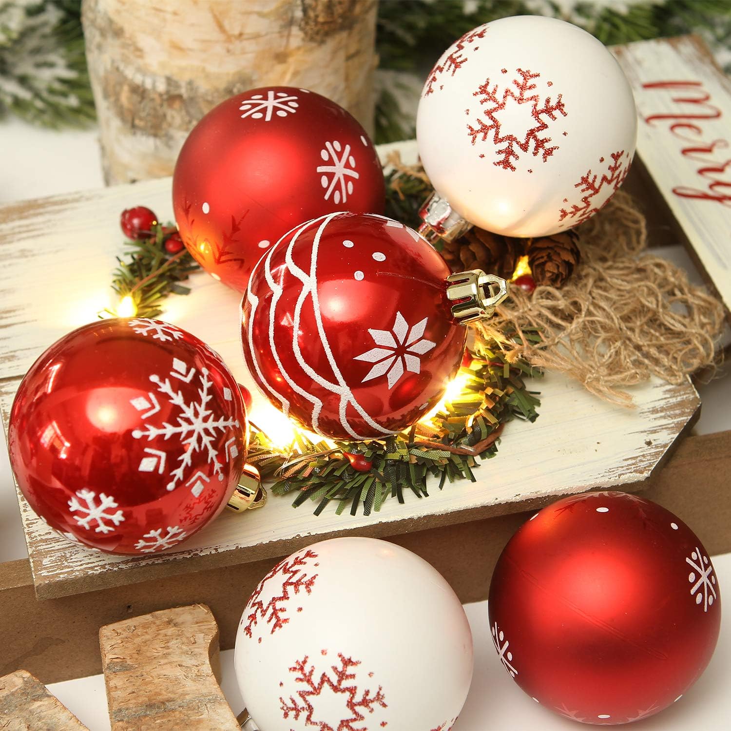 Sea Team Sparkly Coloured Painted Ornaments and Hanging Baubles Set for Christmas Tree Plastic, Red and White, 60 mm, 2.36 30 Pieces - Image 5