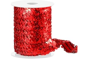 Chuangdi 11 Yard 1 Inch Elastic Sequins Trim 3 Row Flat Glitter Sequin Bling Fabric Paillette Ribbon Trim Metallic Stretch Crafts Elastic Lace for Dress Embellish(Red)
