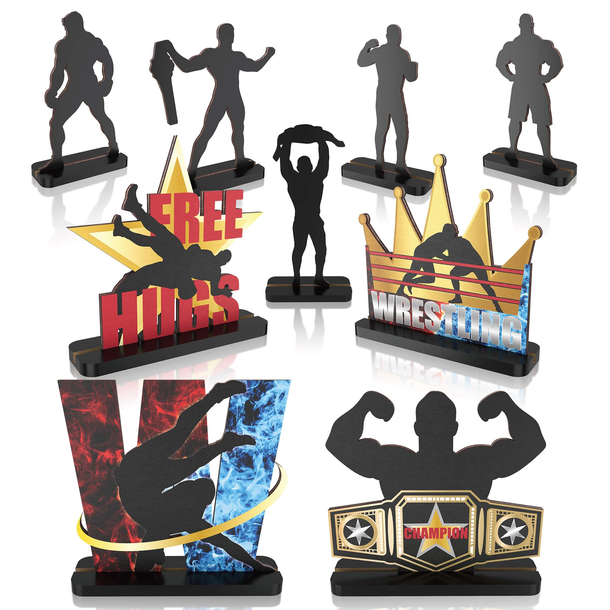 Photo 1 of Wrestling Centerpieces Wooden Props Figures for Men Birthday Table Decorations Party Supplies Man 30th 40th 50th Home Bar Kitchen Tabletop Decor 9PCS