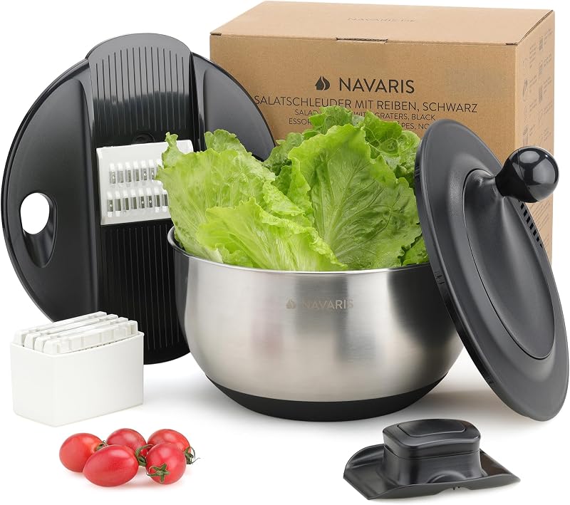 Navaris Salad Spinner with Lid Stainless Steel 5 Discs Colander Drying