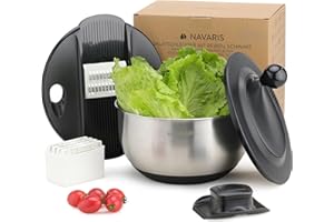 Navaris Salad Spinner with Lid - Salad Spinner Stainless Steel - Salad Dryer - Easy Washing, Drying and Spinning - Includes G