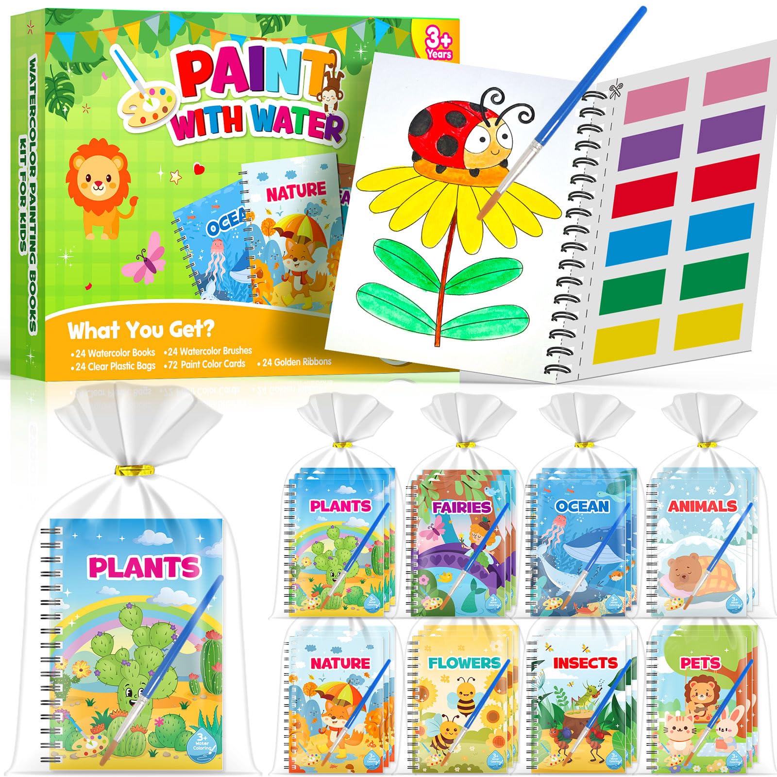 LIKYMO Water Colouring Books, Party Bags Fillers for Kids – Mini Colouring Books, Water Painting Books for Kids, Class Gifts, Birthday Return Gifts for Ages 4-9 (24 Books Nature)