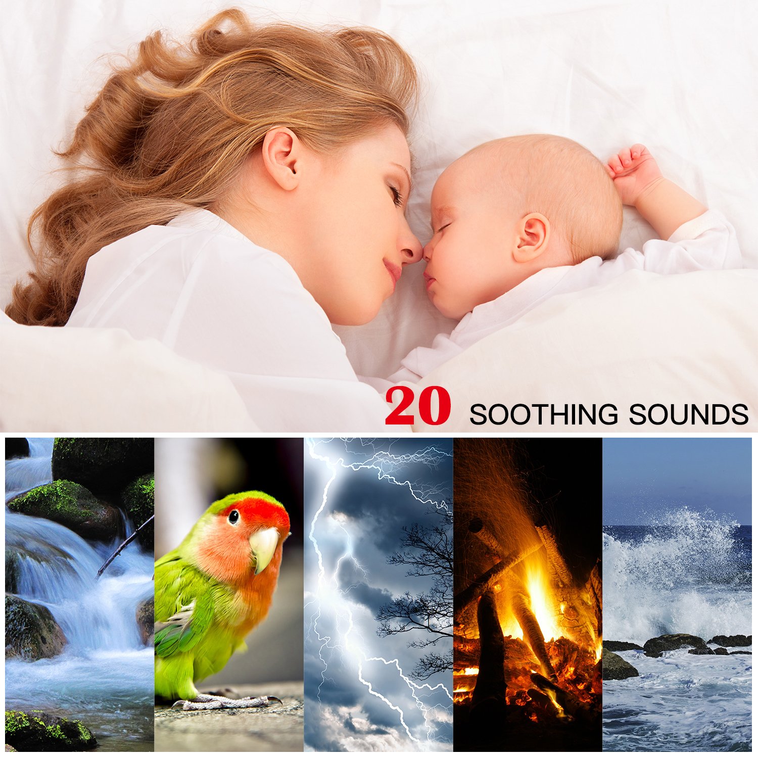 Appareil de Sommeil Thérapie Sonore à Bruit Blanc 20 Sonnerie Reposantes avec Fonction de Mémoire et Minuterie Réglable Anti Insomnie, Relaxation pour Bébé, Adulte (Blanc)