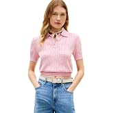 Tommy Hilfiger Women's Short Sleeve Cotton Polo Sweater Pointelle Knit Cropped Polo Shirt with Puff Sleeve