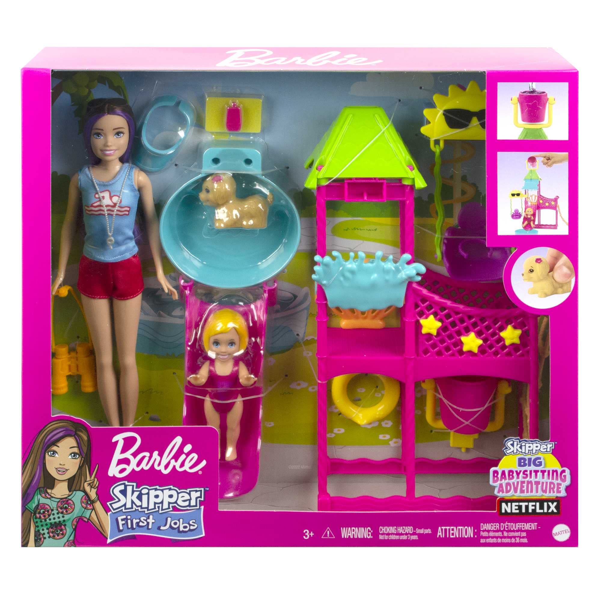 Barbie HKD80 First Jobs Skipper Set, Doll, Water Park with Functional Water Slide, Puppy Sprinkler and More Than 5 Accessories, Children's Toy from 3 Years