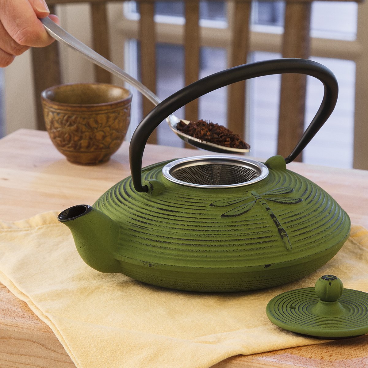 Primula Cast Iron Teapot Green Dragonfly Design w/Stainless Steel