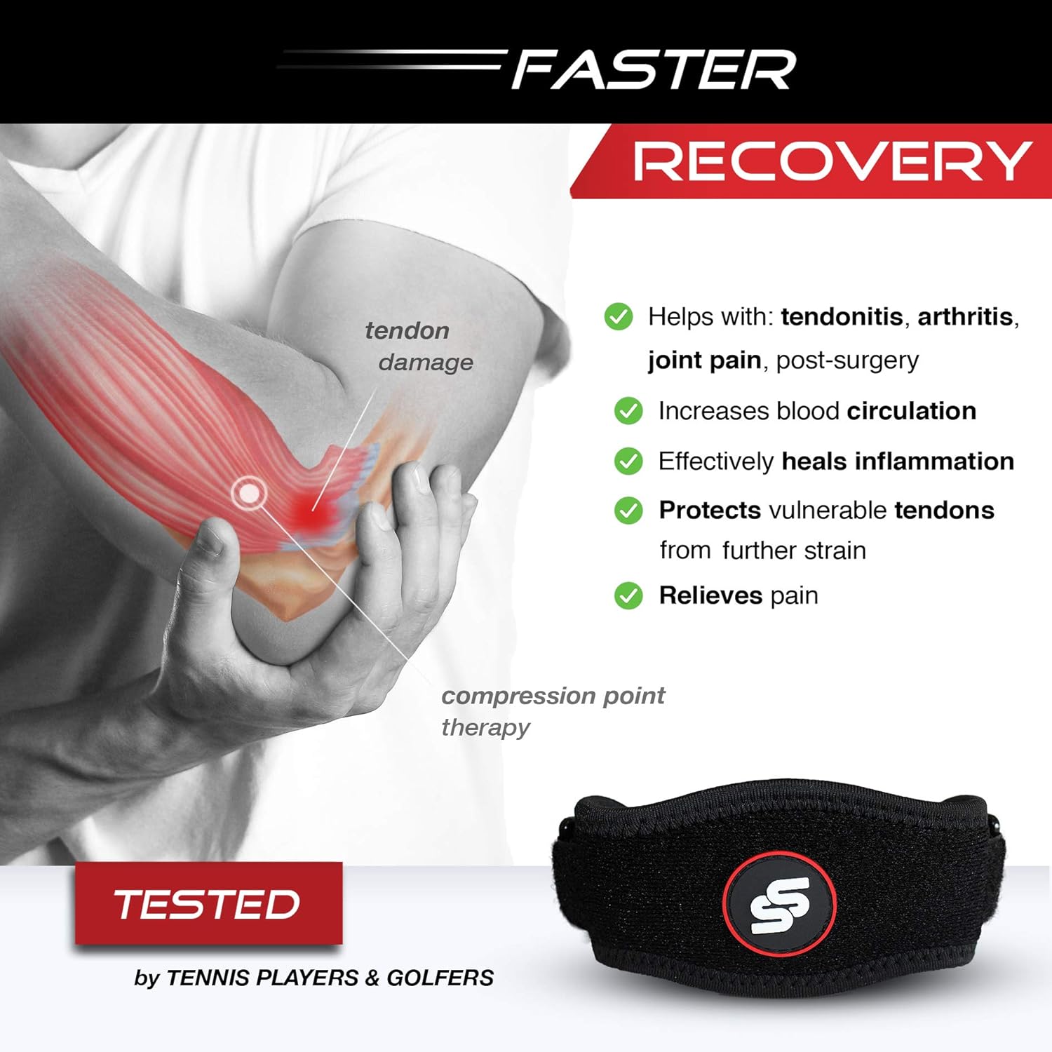 Sleeve Stars Tennis Elbow Brace with Compression Pad for Men & Women; Counterforce Tendonitis Elbow Strap for Tennis & Golfer's Elbow Pain Relief, Fits 9"-23", 3 Straps Included - (Single): Sports & Outdoors