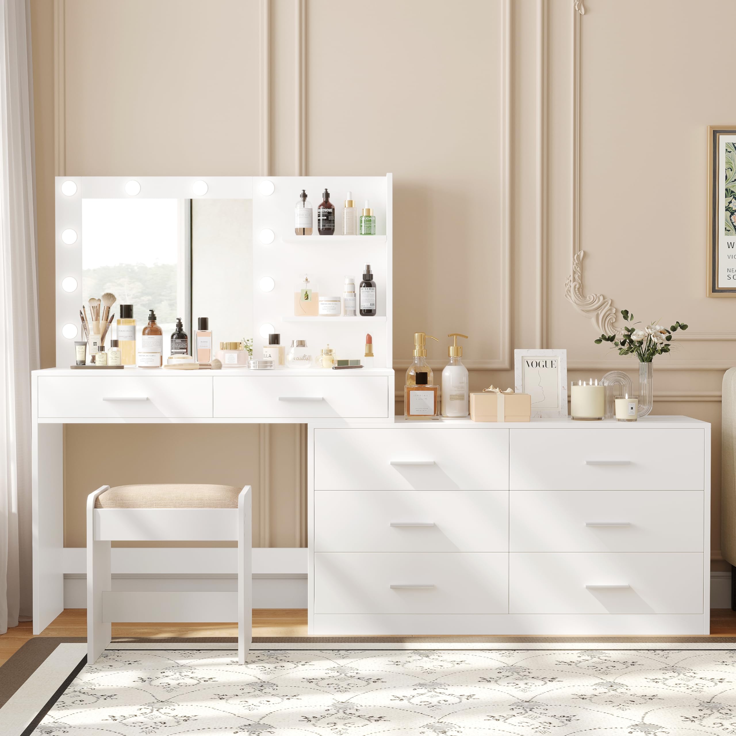 Photo 1 of ** SIMILAR *** Rovaurx 65" W Makeup Vanity Set with Mirror and 3-Color Lights, Large Vanity Table with 8 Drawers & Side Storage Shelf, Adjustable Width, Bedroom Dressing Table with Stool, for Women, White RSZT109WD