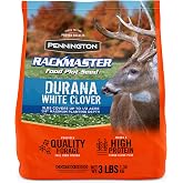 Pennington Rackmaster Durana White Clover Seed Food Plot Seed Mix, 3 lb | White Clover, Perennial, Thrives in Poor Soils, 25% Protein, 75%+ Digestibility, Deer Attraction, Turkey, 1/2 acre