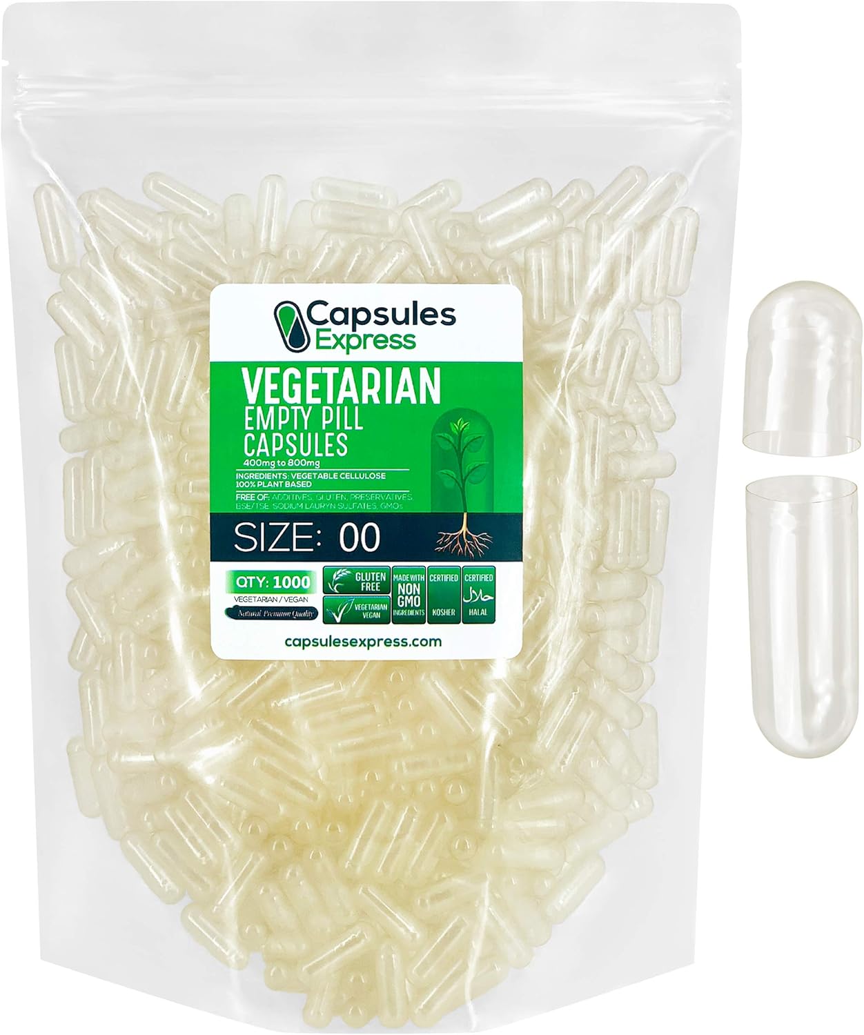 Capsules Express- Size 00 Clear Empty Vegan Capsules 1000 Count - Kosher and Halal - Vegetarian / Vegetable Pill Capsule - DIY Powder Filling