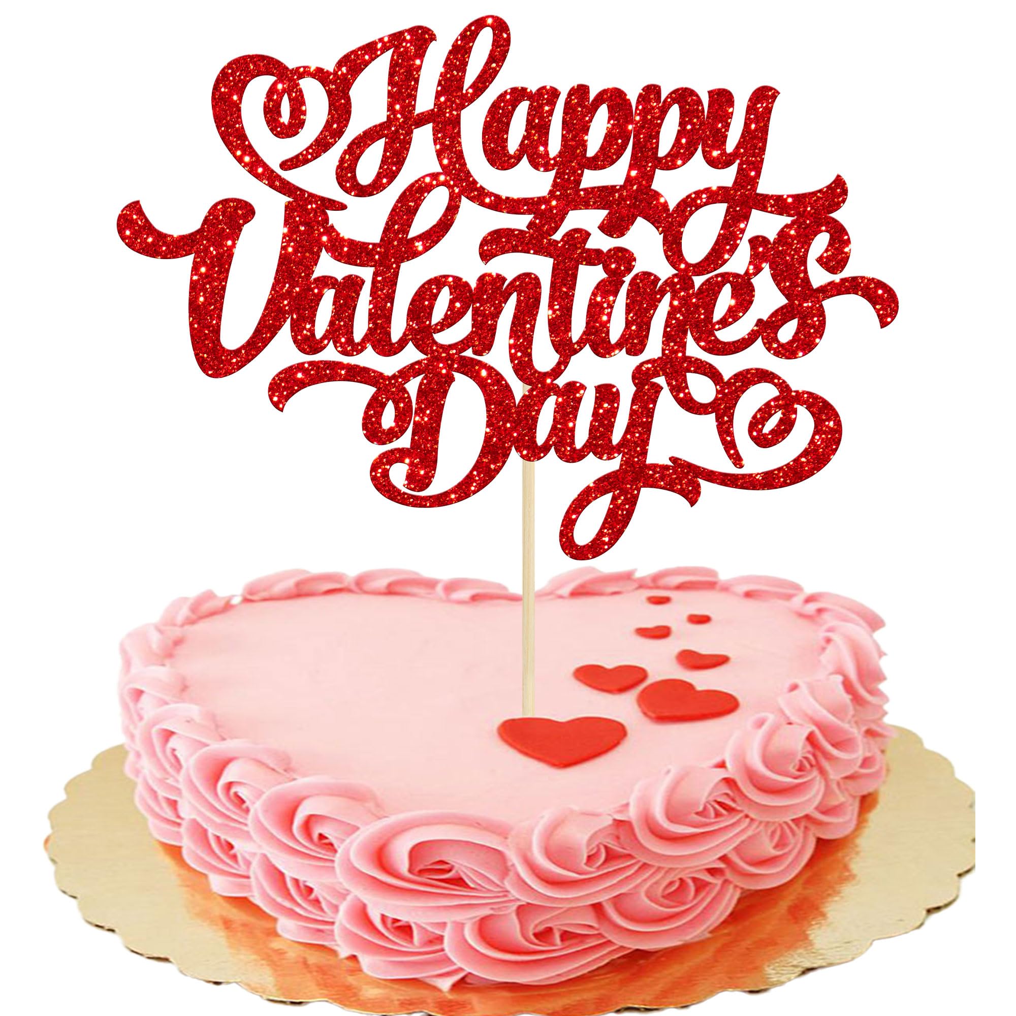 Gyufise 1 Pack Red Glitter Happy Valentine's Day Cake Topper with Love Heart Cake Pick Decorations for Valentine's Day Theme Party Cake Decorations Supplies