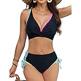 WINEGO Bikini Sets for Women Two Piece Swimsuit Color Block Twist Front Top Mid Rise Bathing Suit
