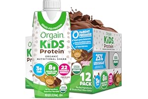 Orgain Organic Kids Nutritional Protein Shake, Chocolate, Healthy Kids Snacks, 8g Dairy Protein, 3g Fiber, 22 Vitamins & Minerals, No Soy Ingredients, Gluten Free, Non-GMO, 8.25 Fl Oz (Pack of 12)