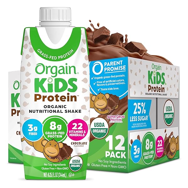 ORGAIN ORGANIC KIDS NUTRITIONAL PROTEIN SHAKE, CHOCOLATE, HEALTHY KIDS SNACKS, 8G DAIRY PROTEIN, 3G FIBER, 22 VITAMINS & MINERALS, NO SOY INGREDIENTS, GLUTEN FREE, NON-GMO, 8.25 FL OZ (PACK OF 12)