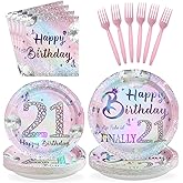 Greencian 96Pcs 21th Birthday Party Decorations for Girls Plates and Napkins Iridescence Silver Pink 21th Tableware for Girls The Twenty-First Birthday Party Decorations Serve 24