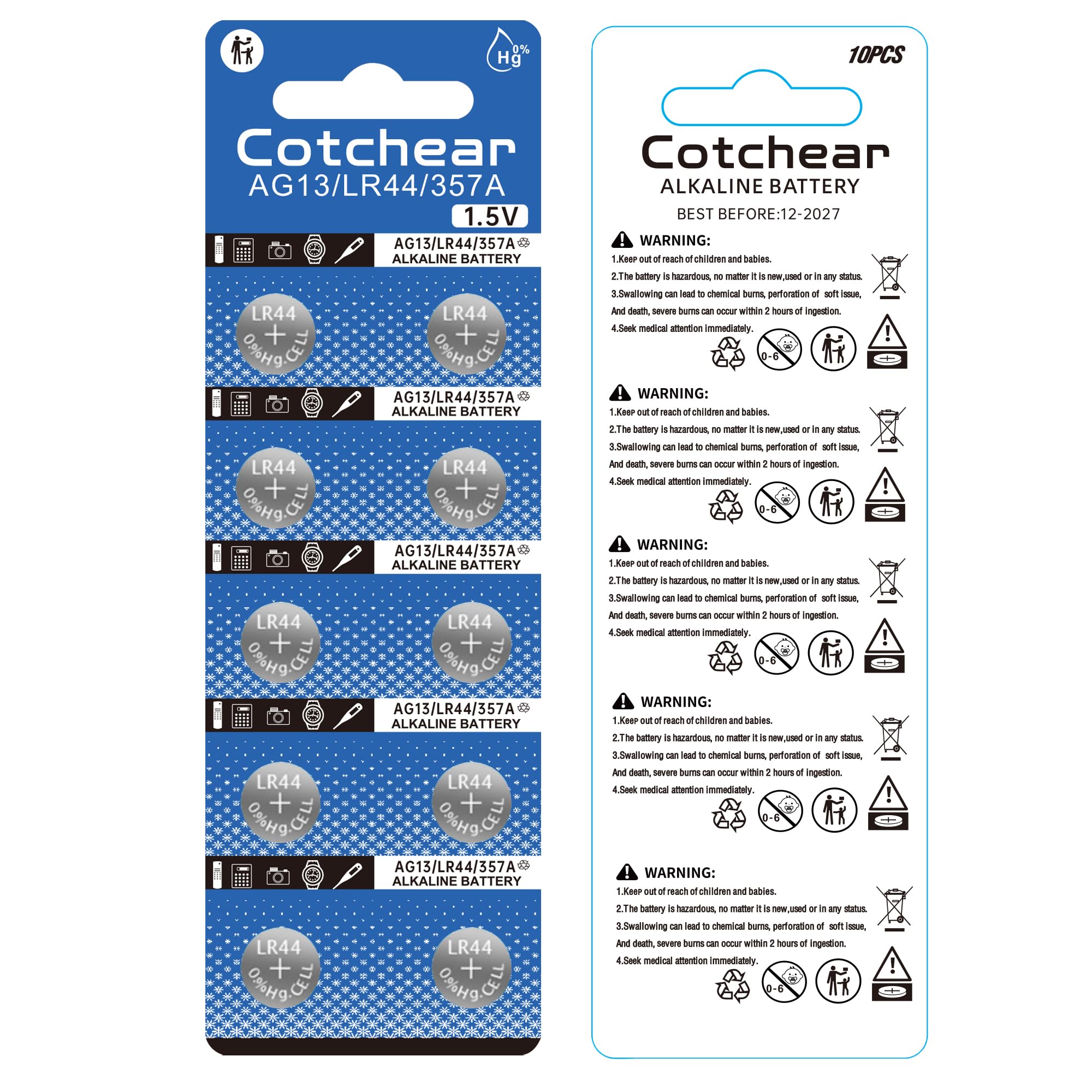 Cotchear 10Pcs Ag13 Button Batteries LR44 SR44 L1154 A76 LR1154 357A Button Cell Battery