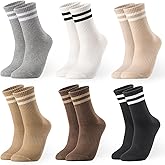 Jspupifip 6 Pairs Striped Crew Socks for Women, Cute Casual Cotton Retro Athletic Tube Sock for Running Tennis Sport Office Home School
