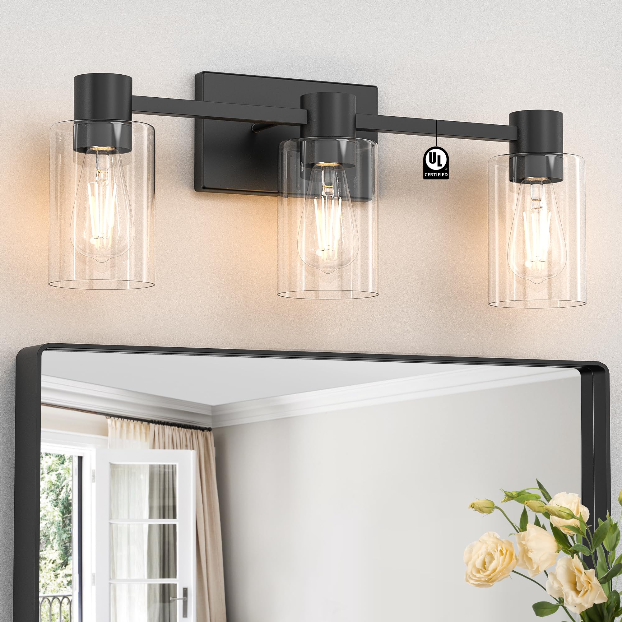 Photo 1 of Esfos 3-Light Matte Black Wall Sconces for Bathroom, Modern Vanity Light Fixtures Over Mirror, Bathroom Light Fixtures with Clear Glass Shade, E26 Wall Sconces for Living Room, Hallway
