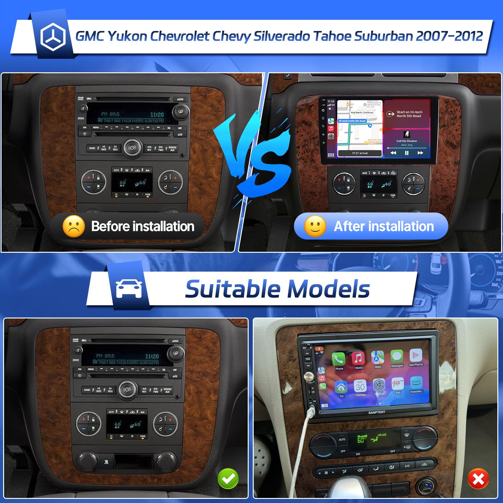 Car Radio for Chevrolet Chevy Silverado Tahoe Suburban GMC Yukon 2007 2008 2009 2010 2011 2012 Stereo with Wireless Carplay Android Auto - 9