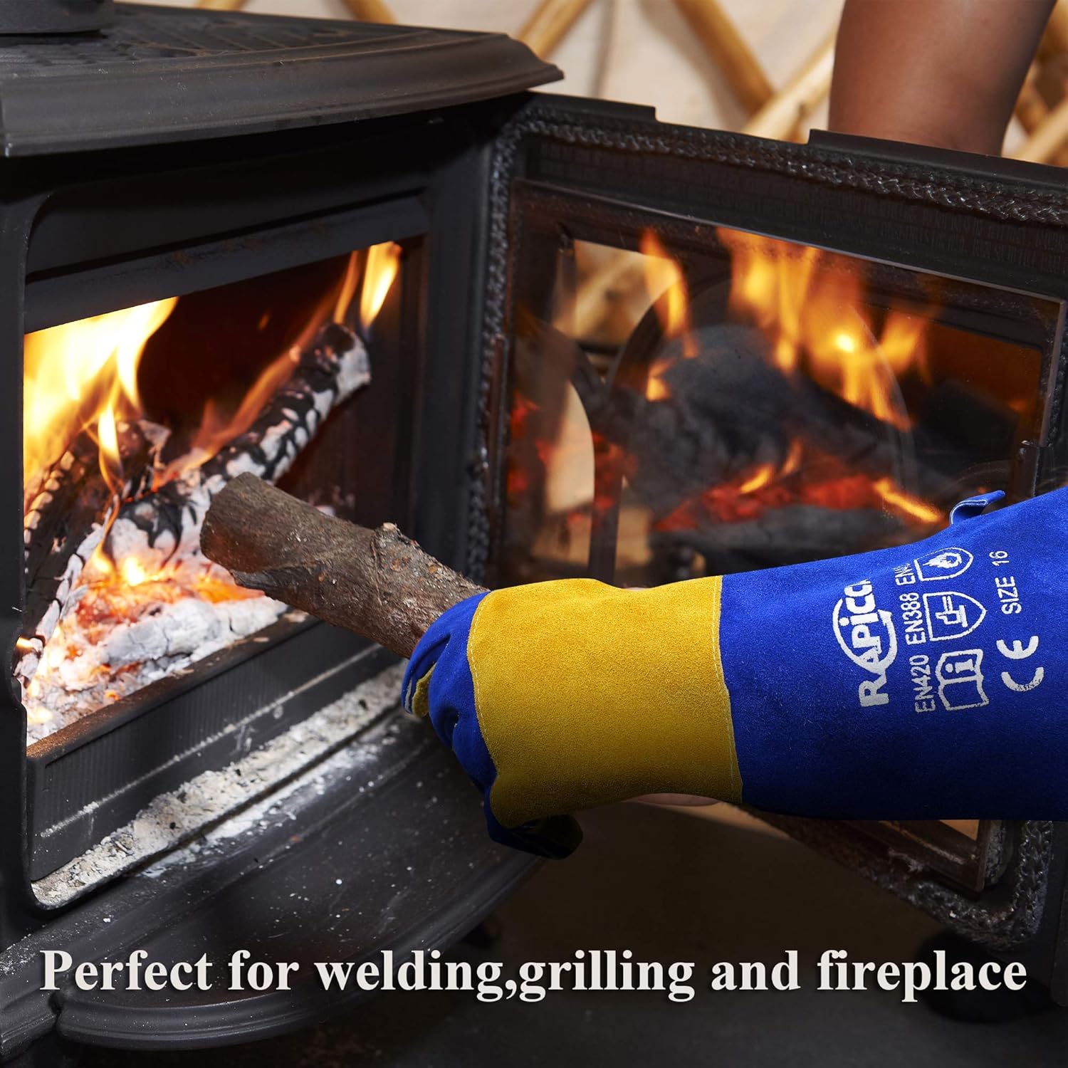 RAPICCA 16 Inches, 932℉, Leather Forge/Mig/Stick Welding Gloves Heat/Fire Resistant, Mitts for Oven/Grill/Fireplace/Furnace/Stove/Pot Holder/Tig Welder/Mig/BBQ/Animal handling glove with 16 inches Extra Long Sleeve– Blue - - 