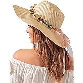 Verdusa Women's Scalloped Wide Brim Straw Sun Hats Boho Beaded Beach Hat